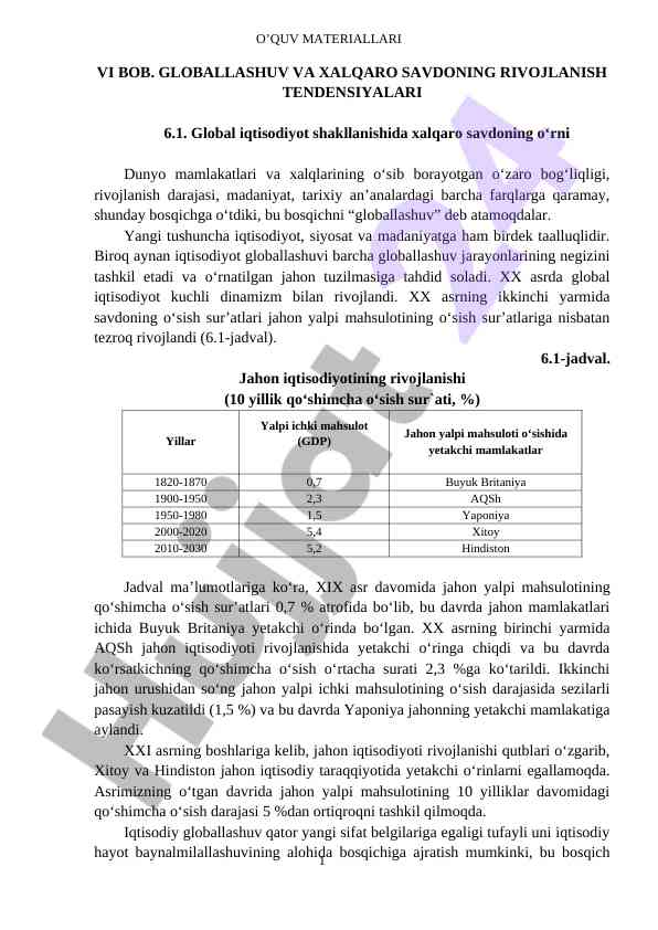 Global iqtisodiyot va xalqaro savdoning rivojlanishi