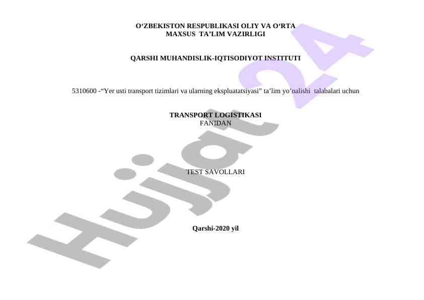 Transport logistikasi fanidan test savollari