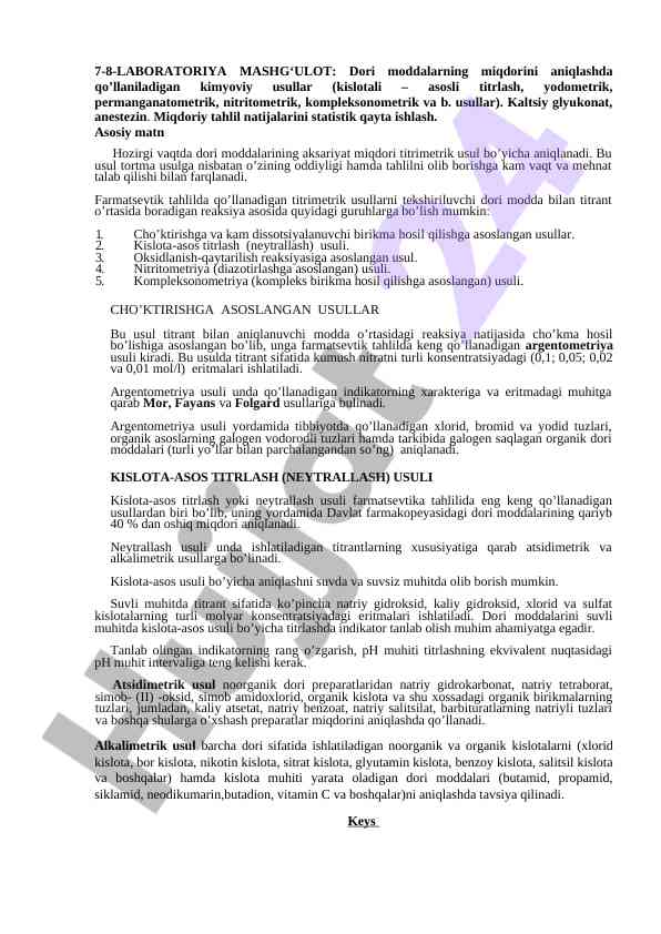 Dori moddalarning miqdorini aniqlashda kimyoviy usullar
