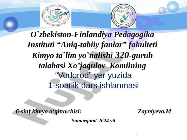 Vodorod dars ishlanmasi 6-sinf kimyo o‘qituvchilari uchun