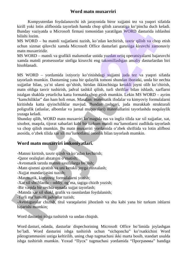 Ms word dasturi bilan matn muharriri