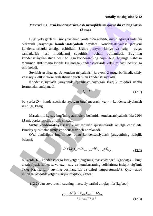 Kondensatsiyalash jarayoni va issiqlik almashinuvi