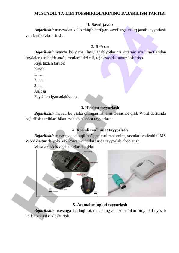 Mustaqil ta'lim topshiriqlari bajarilishi tartibi