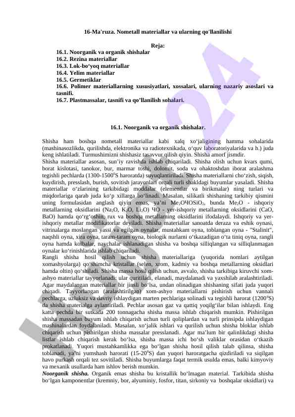 Nometall materiallar va ularning qo'llanilishi