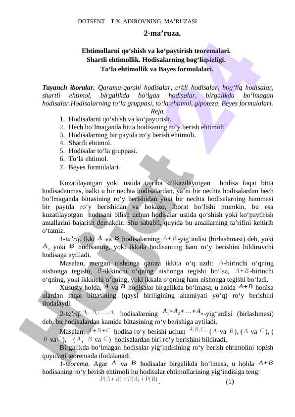 Ehtimollarni qo‘shish va ko‘paytirish teoremalari