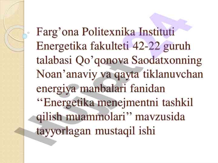 Energetika menejmentni tashkil qilish muammolari