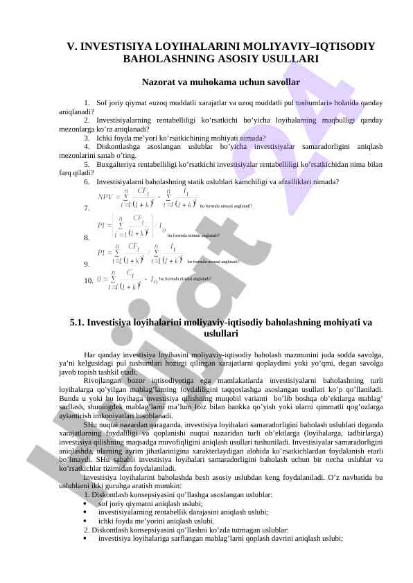 Moliya-iqtisodiy baholash usullari va savollar