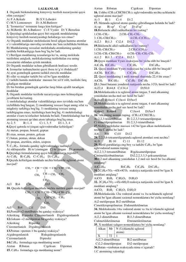 Kimyoviy tuzilish nazariyasi bo'yicha test savollari