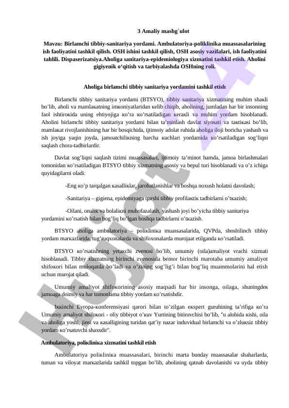 Amaliy mashg'ulot: birlamchi tibbiy-sanitariya yordamining tashkiloti
