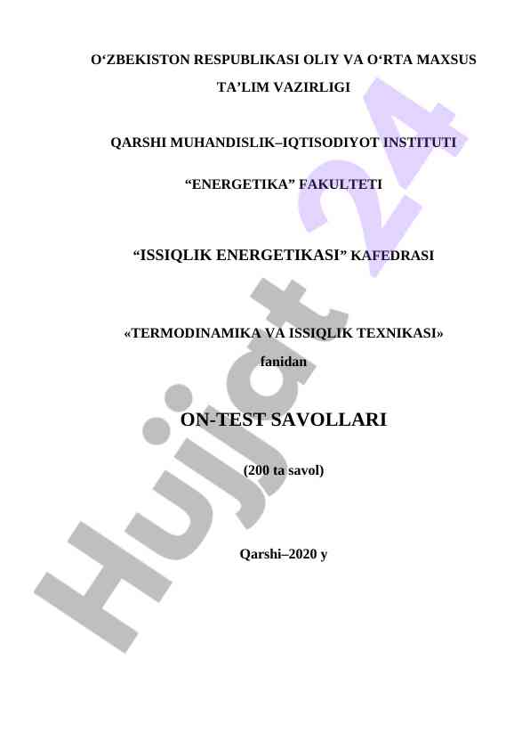 Termodinamikadan on-test savollari