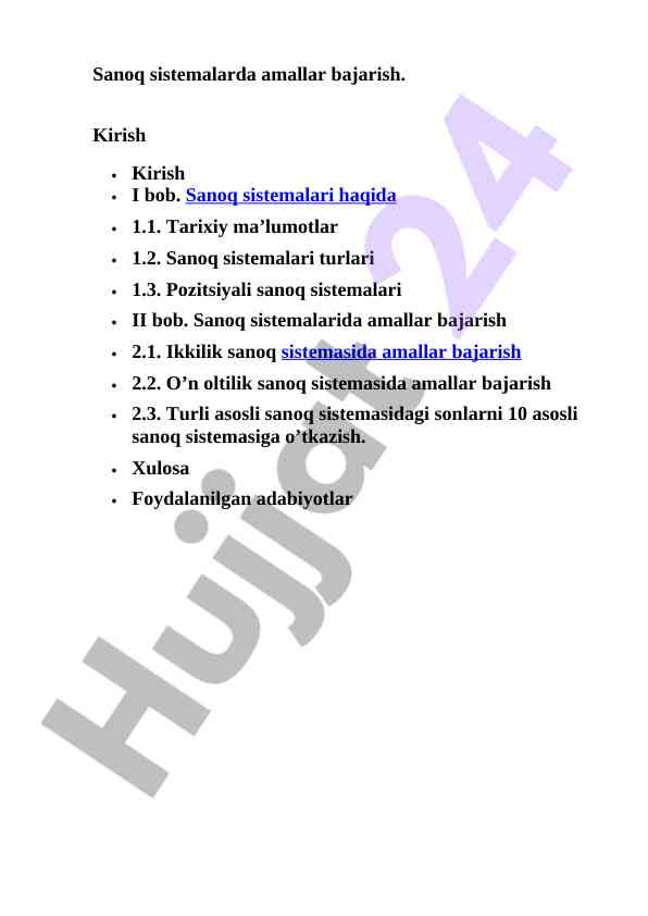 Sanoq sistemalarda amallar bajarish tahlili