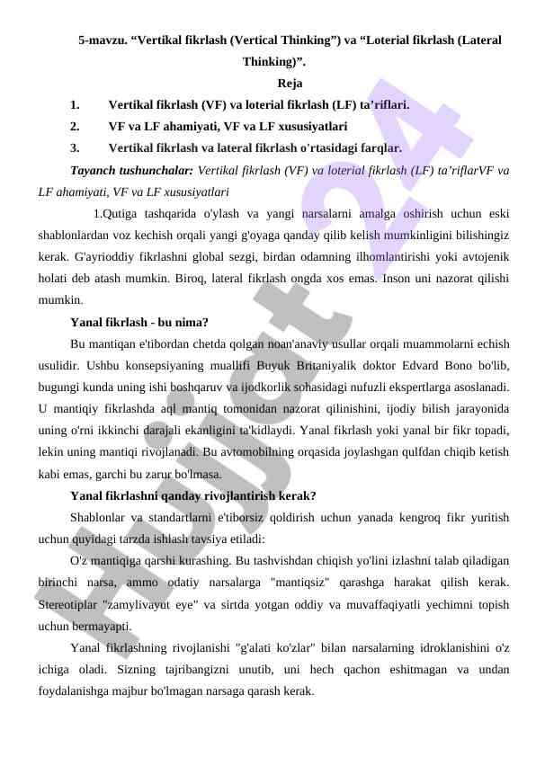 Vertikal va lateral fikrlash konsepsiyalari