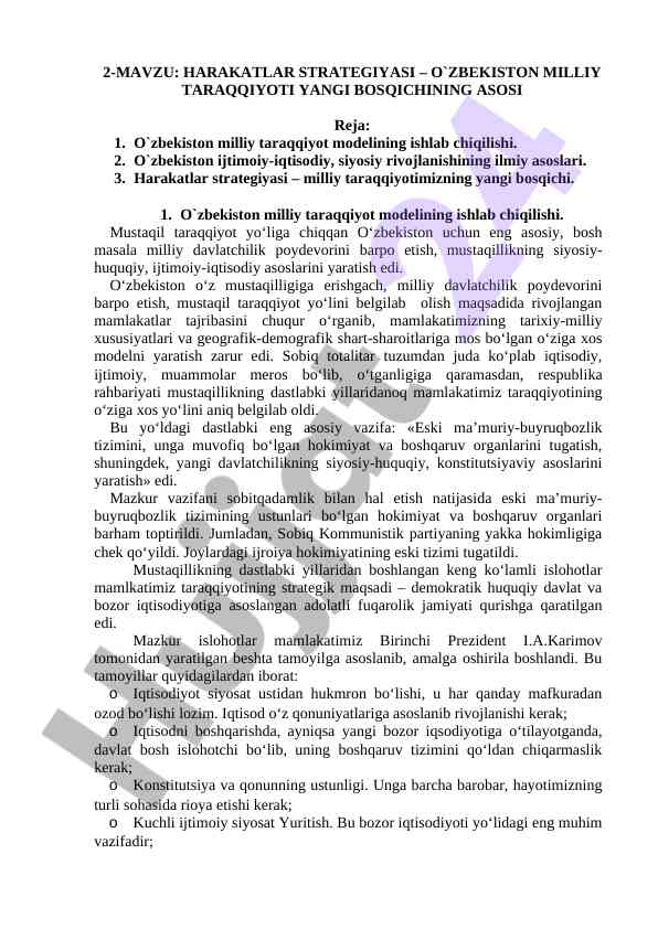 Harakatlar strategiyasi o‘zbekiston milliy taraqqiyoti