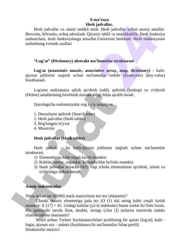 Hesh jadvallar va ularni tashkil etish mexanizmlari