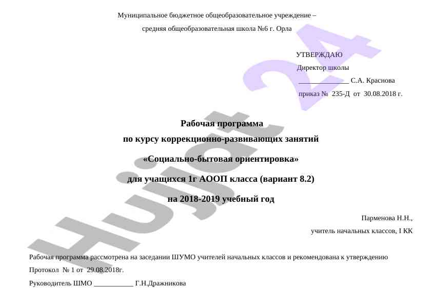 Rabochaya programma po kursu sotsial'no-bytovoy orientirovki