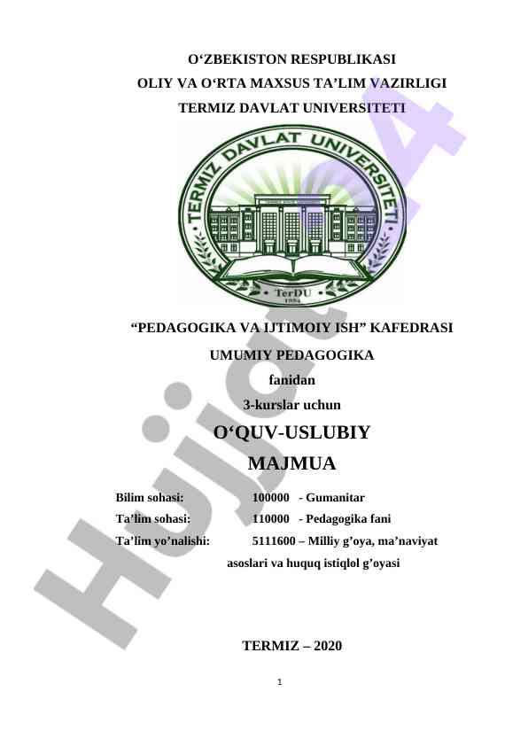 Umumiy pedagogika fanidan o‘quv-uslubiy majmua