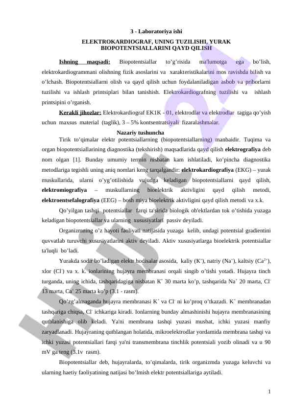 Elektrokardiograf va uning tuziilishi haqida laboratoriya ishlari