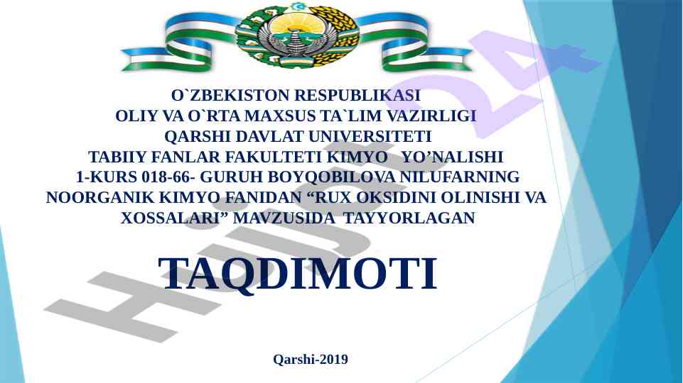 Rux oksidini olinishi va xossalari taqdimoti