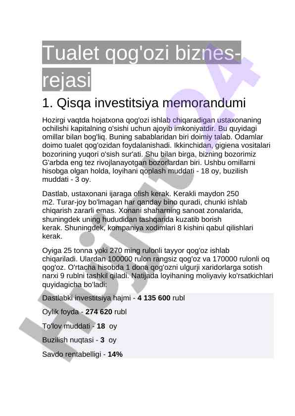 Tualet qog'ozi biznes-rejasi va investitsiya memorandumi