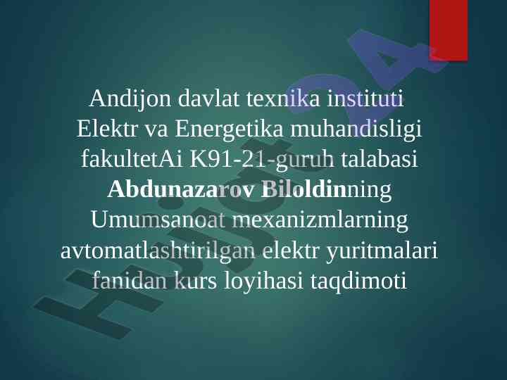 Nasosning tkr – d tizimini hisoblash loyihasi