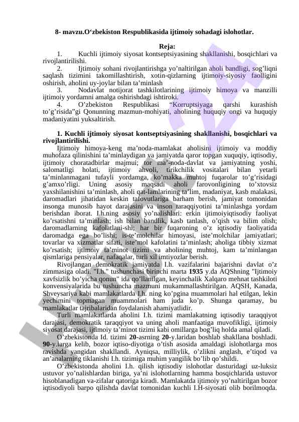 Ijtimoiy sohadagi islohotlar o‘zbekistonda