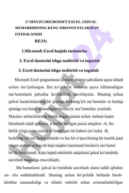 Microsoft excel jadval muharririning keng imkoniyatlari