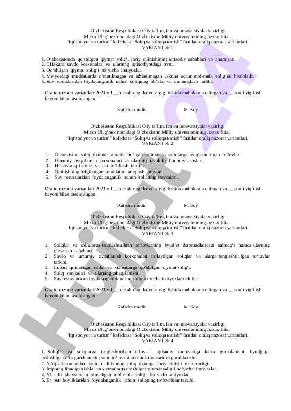Soliq va soliqqa tortish fanidan oraliq nazorat varianti
