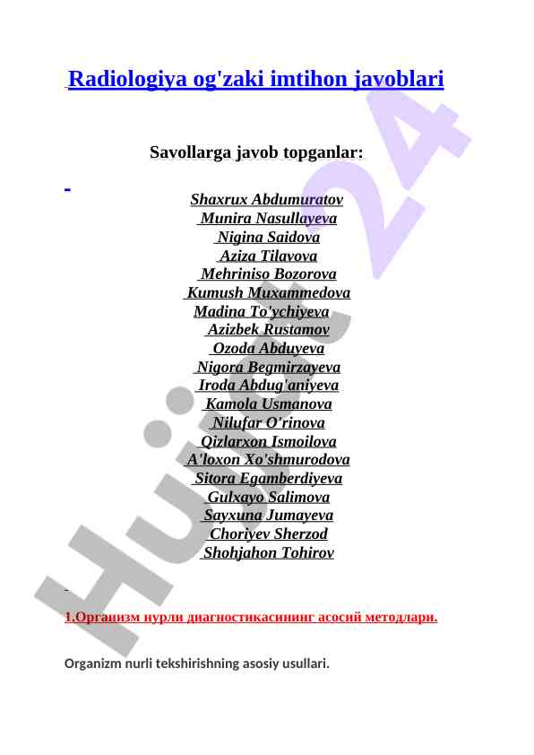Radiologiya imtihon jumladan javoblar
