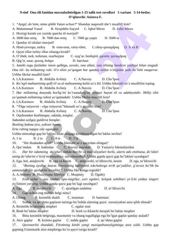 9-sinf ona tili test savollari 1-25 talik varianti