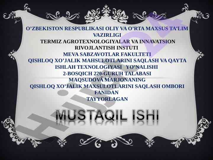 Qayta ishlangan meva-zavzavotlarni saqlash texnologiyasi