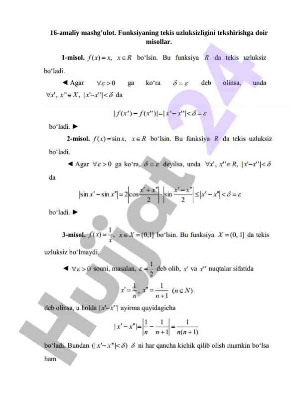 Funksiyaning tekis uzluksizligini tekshirish misollari