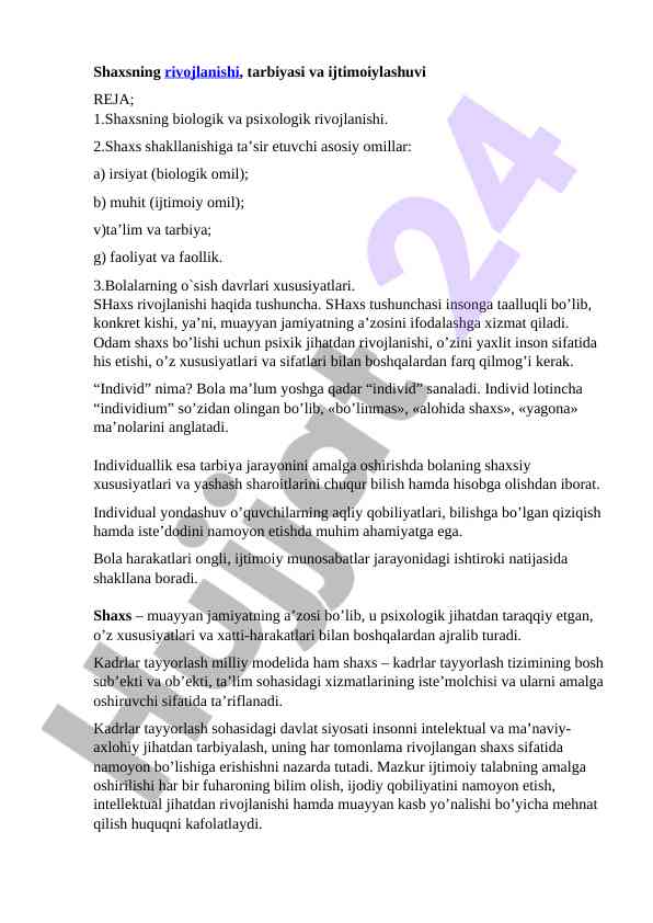 Shaxsning rivojlanishi va tarbiyasi