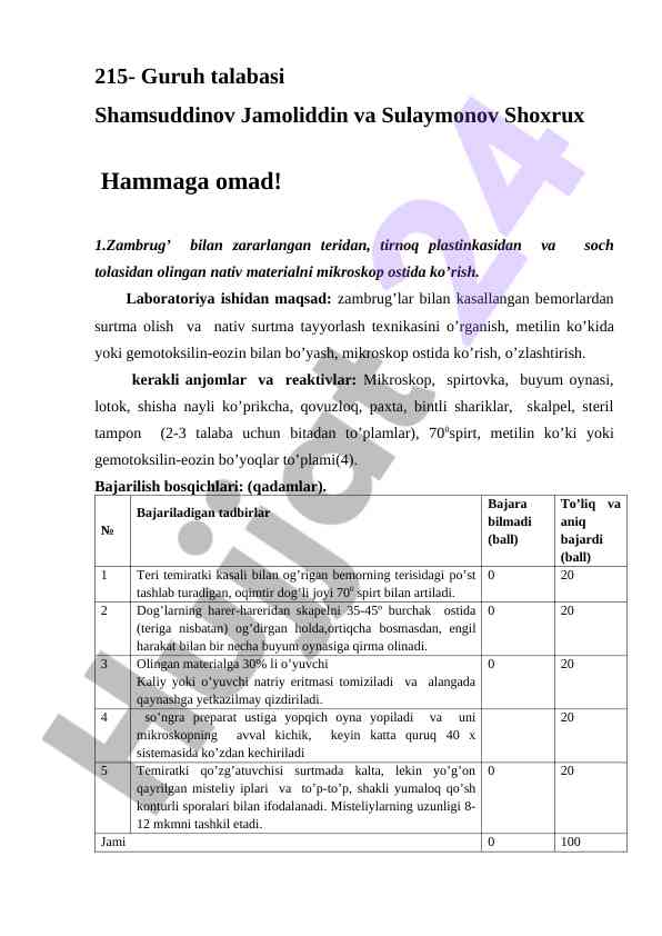 Laboratoriya ishlari bo'yicha zambrug'larning o'rganilishi