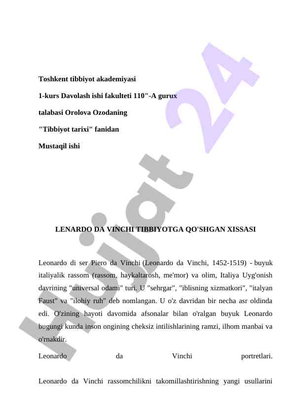 Tibbiyot tarixi da vinchi xissasi mustaqil ish