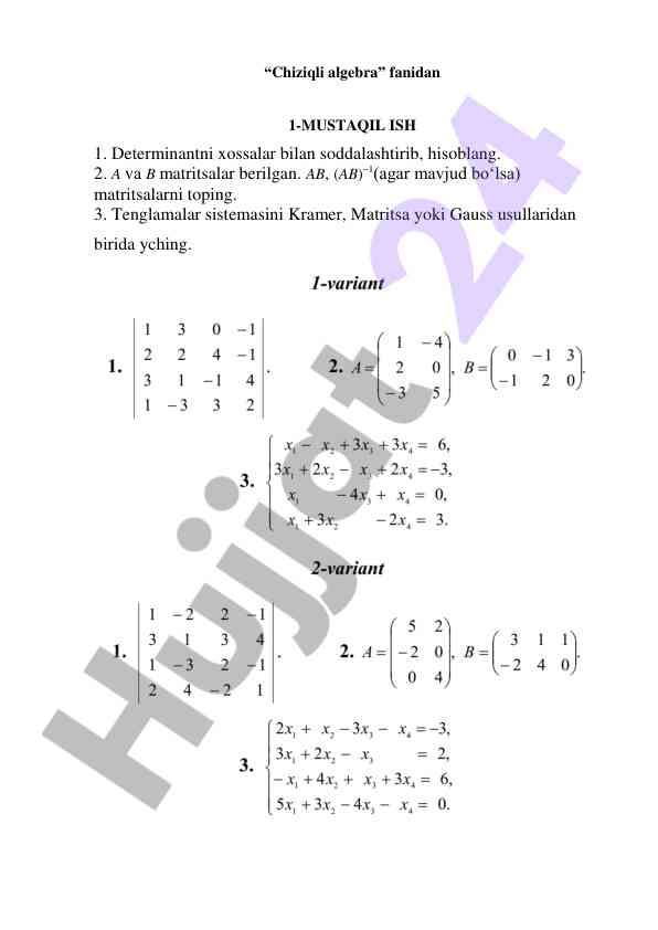 Chiziqli algebra fanidan mustaqil ishlar bilan tanishtirish