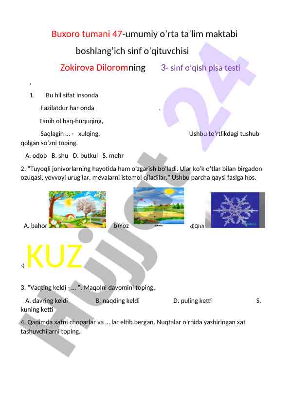 Boshlang'ich sinf o'qish pisa testi savollari