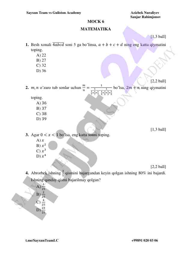 Matematika testining savollari va javoblari
