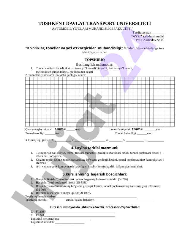 Tonnel muhandisligi bo'yicha kurs ishlari