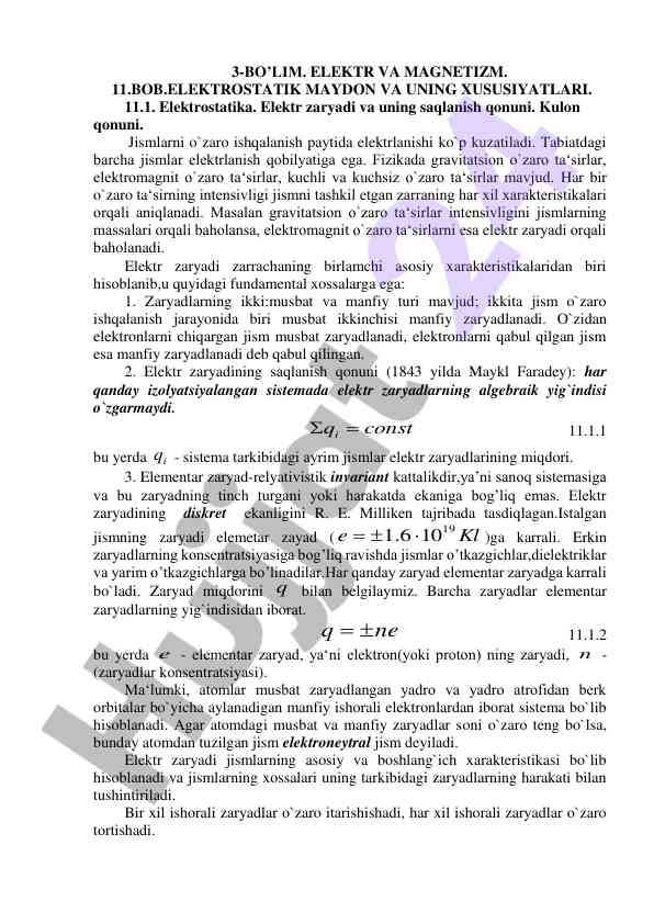 Elektrostatika va elektr zaryadi xususiyatlari