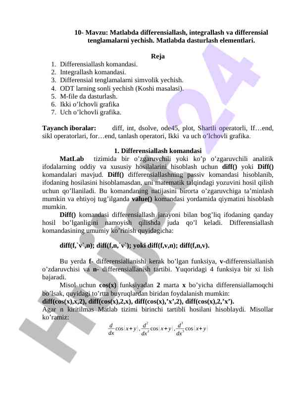 Matlabda differensiallash va integrallash asoslari