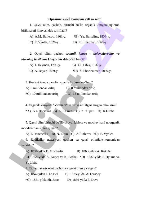 Organik kimyo fanidan test savollari