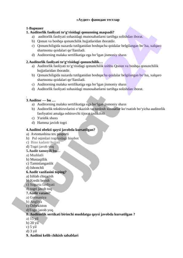 Audit fanidan testlar 1-variant