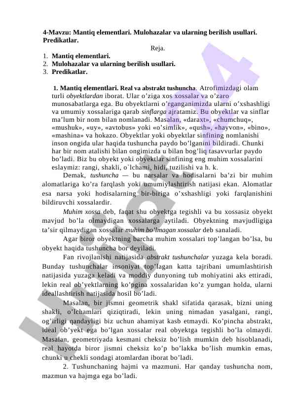 Mantiq elementlari va mulohazalar tushunchalari