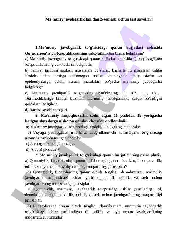 Ma’muriy javobgarlik fani test savollari
