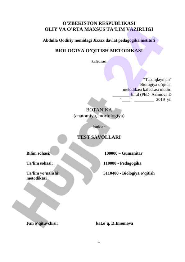 Biologiya o'qitish metodikasi test savollari