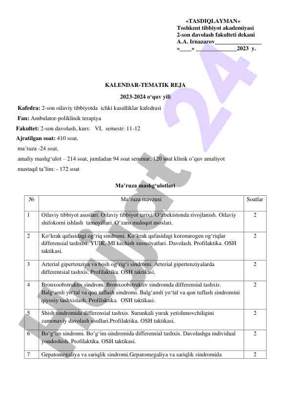 Ambulator-poliklinik terapiya dars rejasi 2023-2024