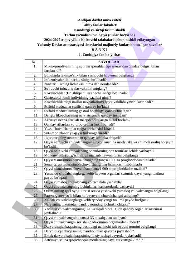 Biologiya fanidan yakuniy davlat attestatsiyasi savollari