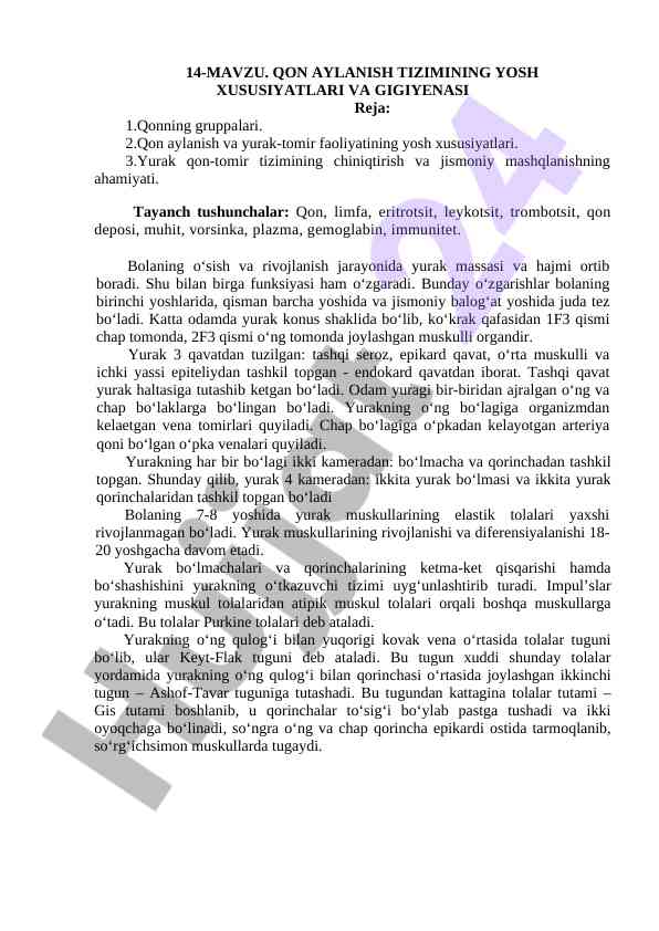 Qon aylanisha tizimining yosh xususiyatlari