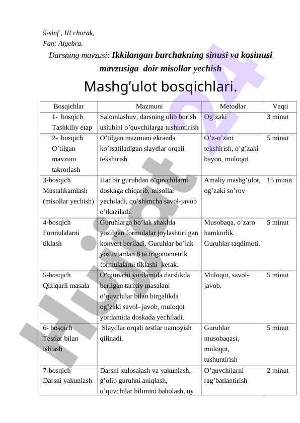 Ikkilangan burchak sinusi va kosinusi misollari
