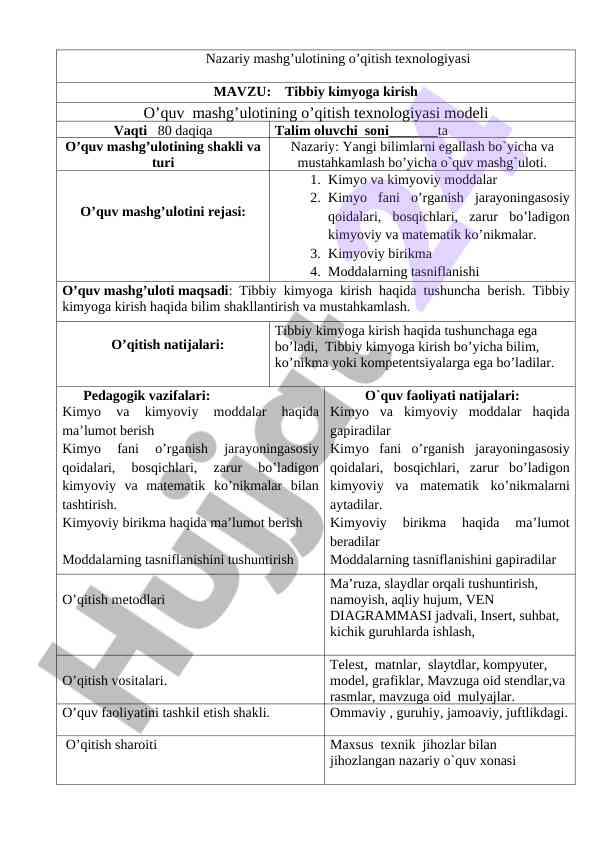 Tibbiy kimyo fani uchun o‘quv mashg‘uloti